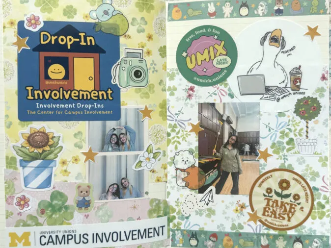 Two-page scrapbook spread with green floral background and stickers promoting University of Michigan campus events, including “Drop-In Involvement” and a UMix Late Night sticker, plus small photo booth-style pictures and star, flower, and character stickers; bottom text reads “University Unions Campus Involvement.”