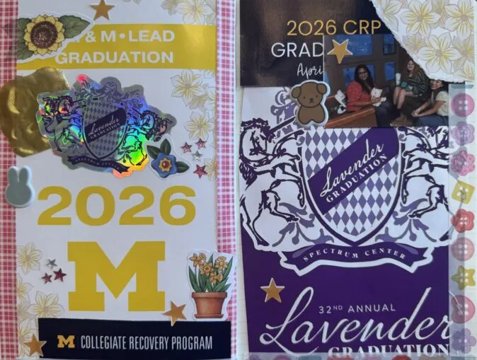 Two-page scrapbook-style junk journal featuring programs, photos, stickers, and decorative embellishments from Student Life end-of-year celebrations, including Lavender Graduation, M-LEAD, and the Collegiate Recovery Program.