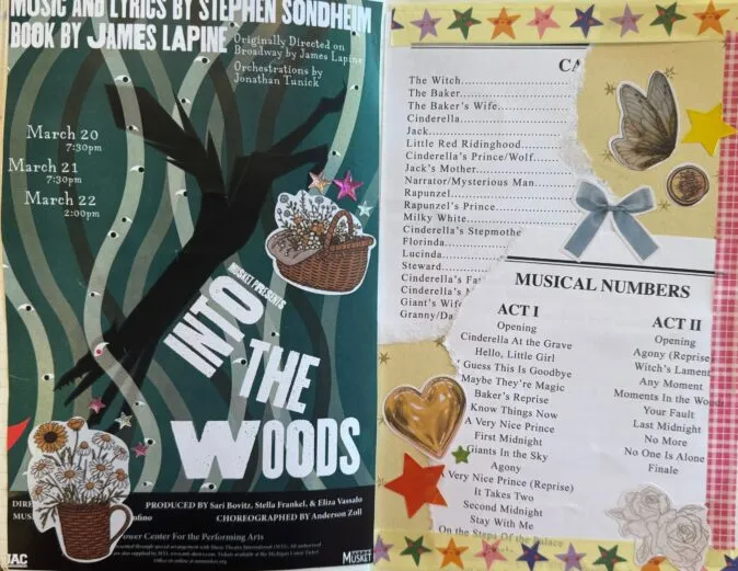 A two-page scrapbook-style junk journal featuring the Into the Woods playbill, cast list, musical numbers, and woodland-themed stickers and decorations from a MUSKET performance at the University of Michigan.