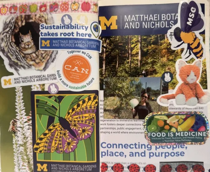 Scrapbook page about U-M sustainability featuring photos, logos for Matthaei Botanical Gardens and Nichols Arboretum, stickers of animals and fruit, and text reading 