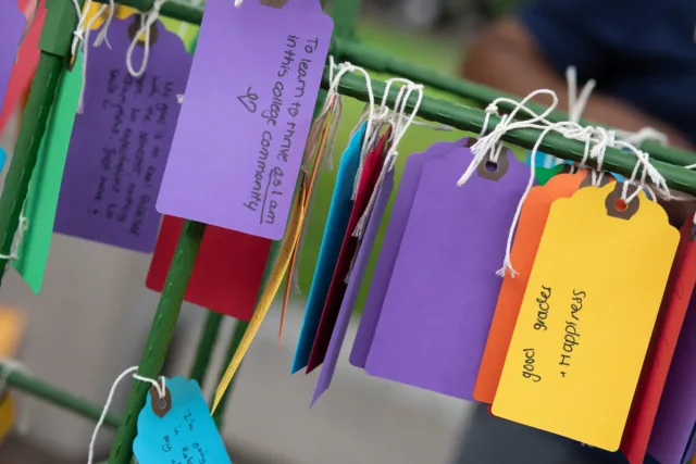 Brightly colored cards hang from a wooden rod. Each card has a wish written on it. One says To learn and thrive as I am in this college community.
