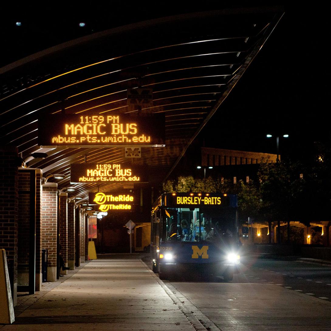 U-M bus driving at night 