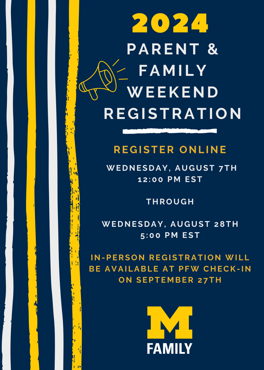 Advance registration will open online Wednesday, August 7, 2024 at noon EST, and continue through Wednesday, August 25, 2024 at 5:00 PM EST.  In-person registration will be available at MFW Check-in on September 27th.  A link to the live registration page will be available at noon EST on August 7, 2024. 