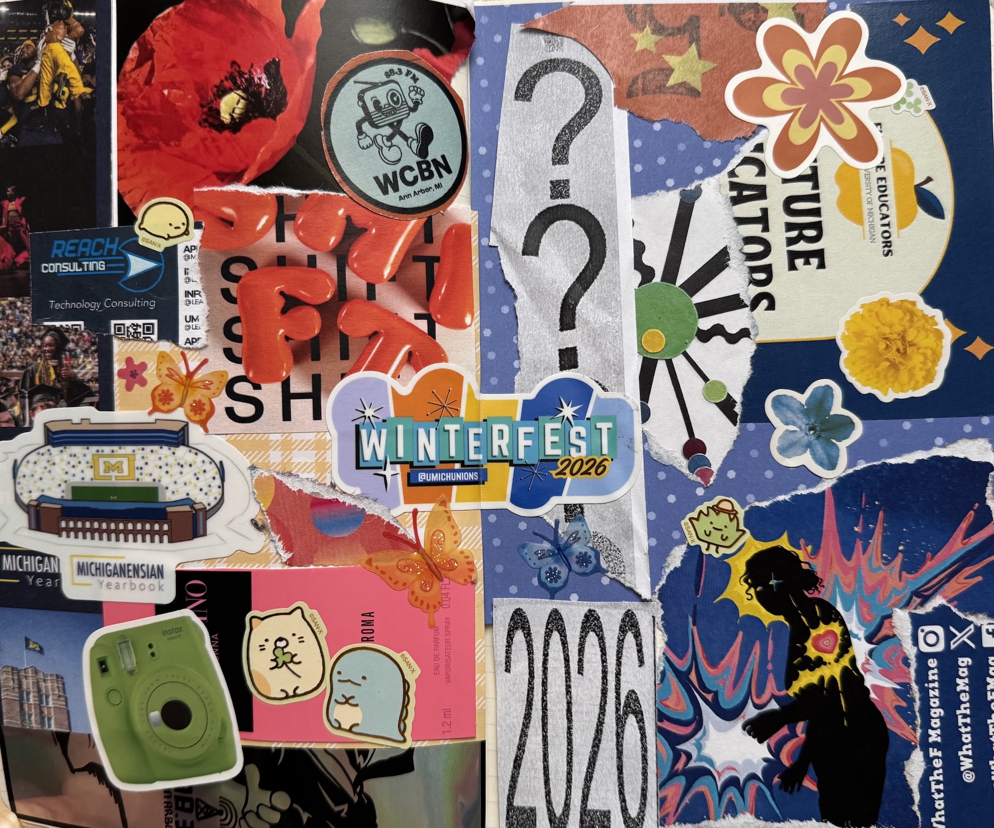Natalie's junk journal spread, including stickers, photos and handouts from Winterfest.