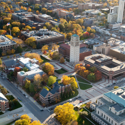 Aerial image of campus, showing buildings from high above.