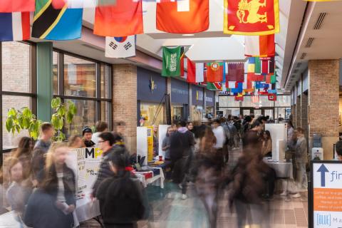 Students moving through Winterfest on Ann Arbor's north campus.