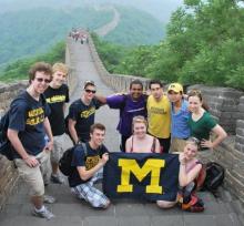Image of Students with Michigan Flag on Great Wall of China