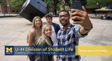 A group of students takes a selfie in front of the Cube