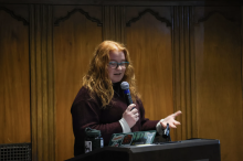 LSA senior Brianna Jarvis speaks at Student Life Sustainability event, “Don’t Discard, Develop: An Arts and Anger Exploration” at the Michigan League.